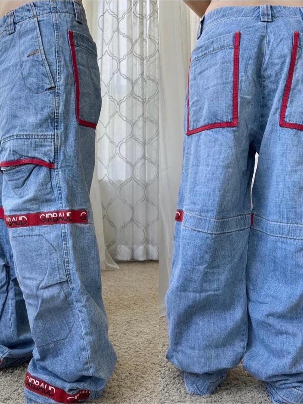 Marithe Francois Girbaud Light Blue Denim Cargo Pants with Red Trim Accents